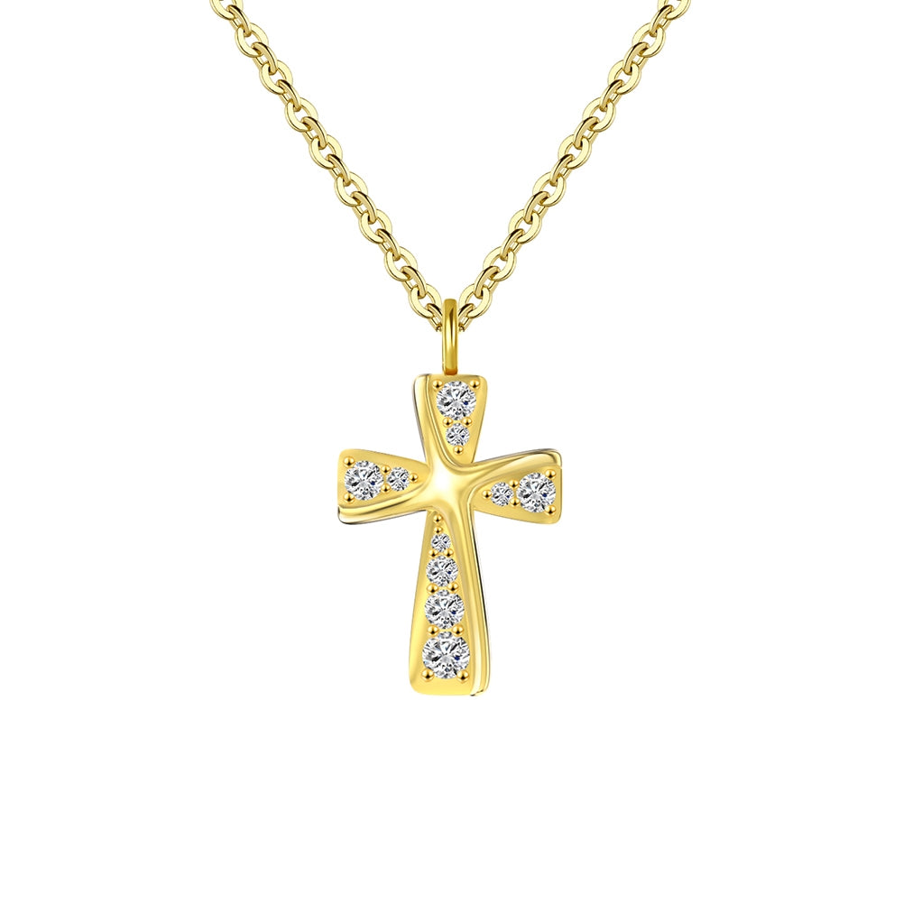 Gold cross pendant necklace on a white background