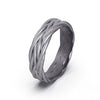 Gray woven sterling silver ring on a white background