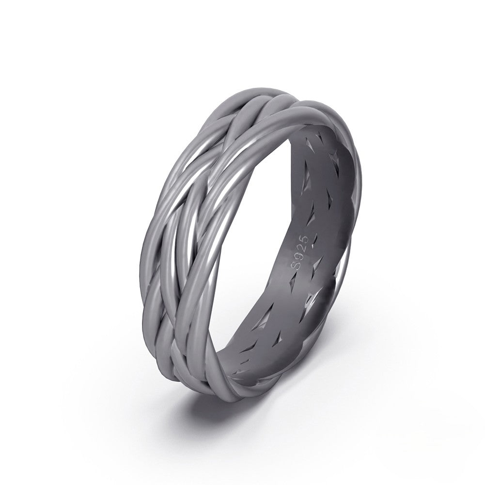 Gray woven sterling silver ring on a white background