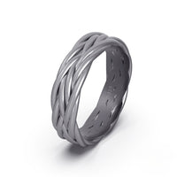 Gray woven sterling silver ring on a white background