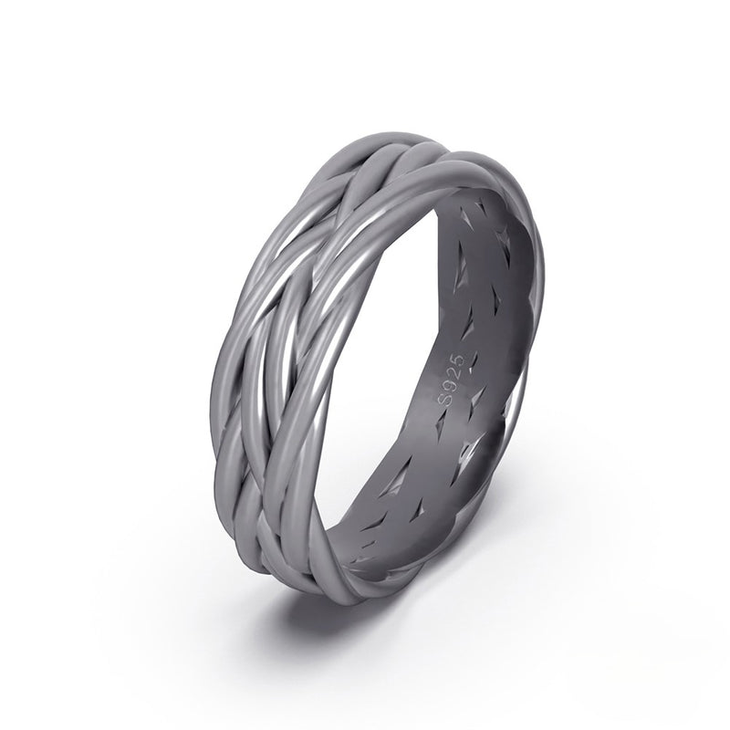 Gray woven sterling silver ring on a white background