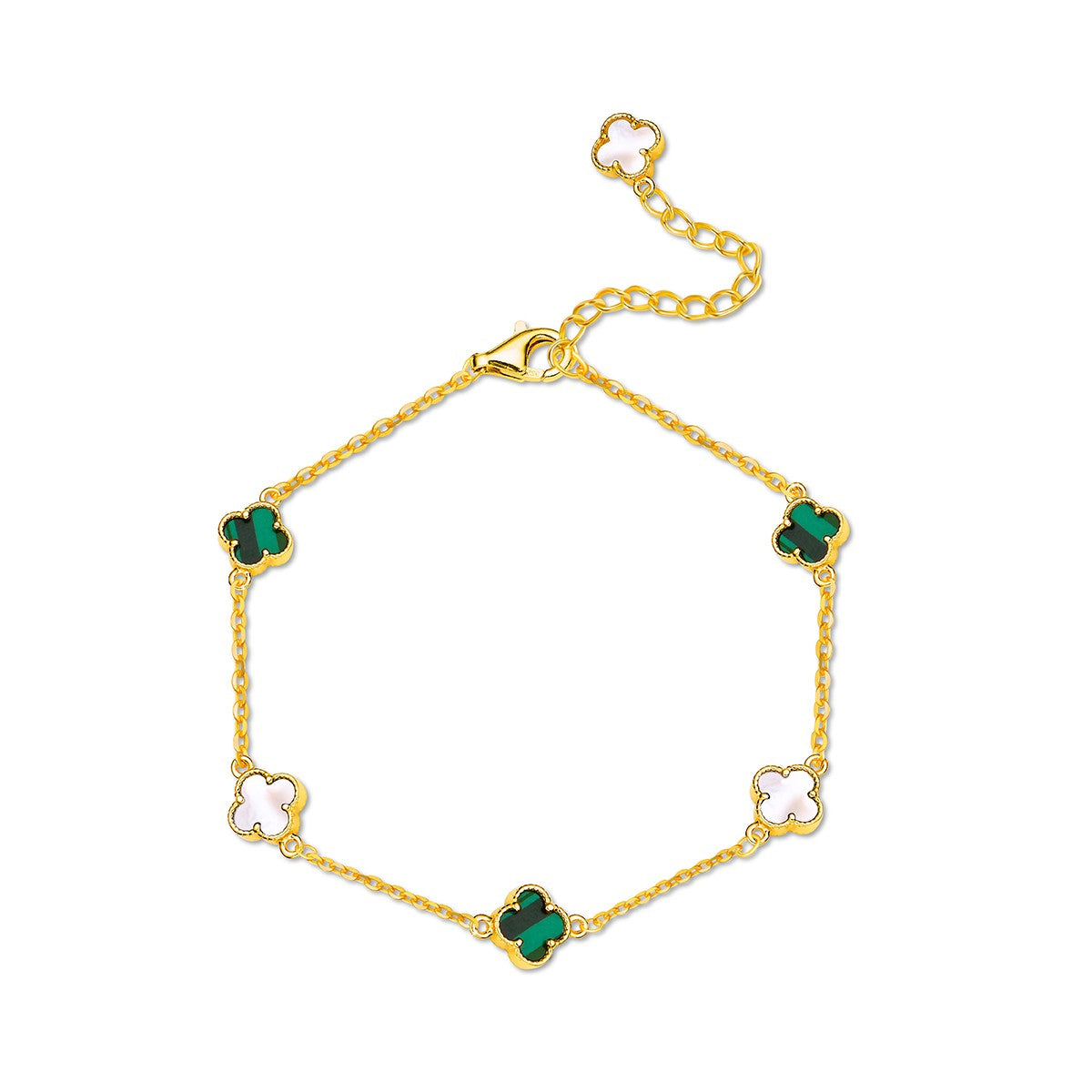 A gold vermeil bracelet featuring clover shaped charms