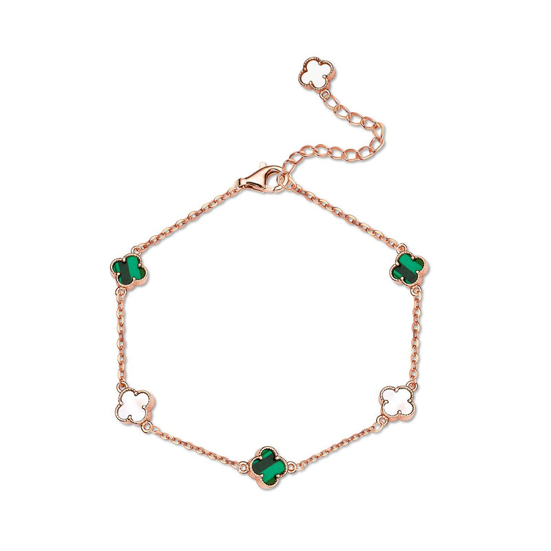 A rose gold bracelet featuring clover shaped charms