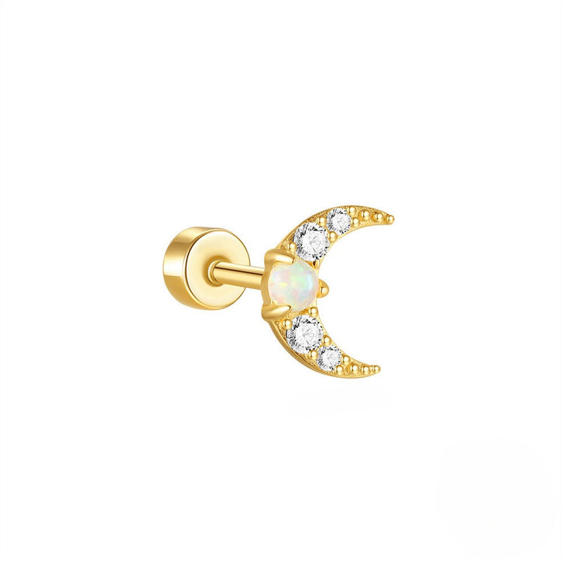 Gold moon-shaped earring with opal center and clear stones on a white background
