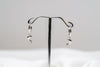 A pair of Silver hoop earrings with a dolphin design dangling from the hoops, displayed against a white background.