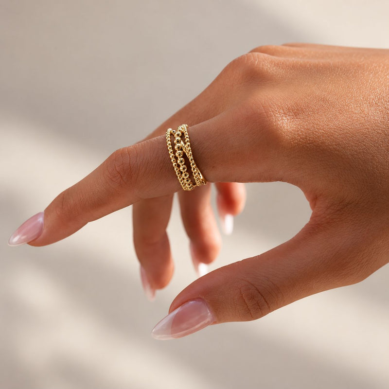 model's finger wearing the gold vermeil water layer ring