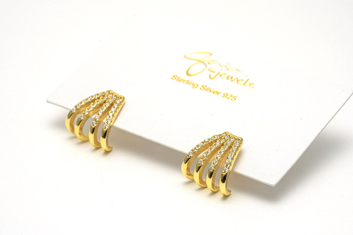 A pair of gold-colored butterfly earrings with a vermeil coating on a white display card with a white background