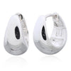 A pair of sterling silver hoop earrings displayed on a white surface.