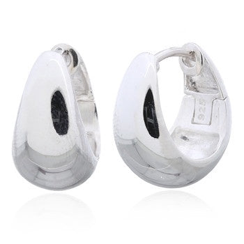 A pair of sterling silver hoop earrings displayed on a white surface.
