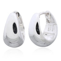 A pair of sterling silver hoop earrings displayed on a white surface.
