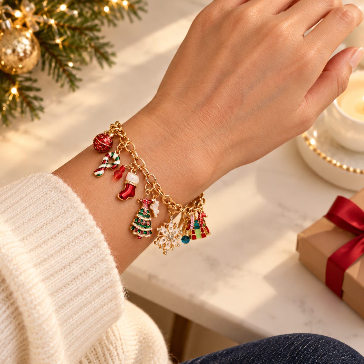 Christmas Dangle Ornament Bracelet | Gold-Tone Holiday Jewellery
