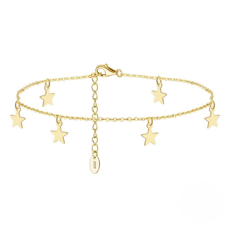A gold-colored sterling silver anklet with star charms and a Vermeil coating.