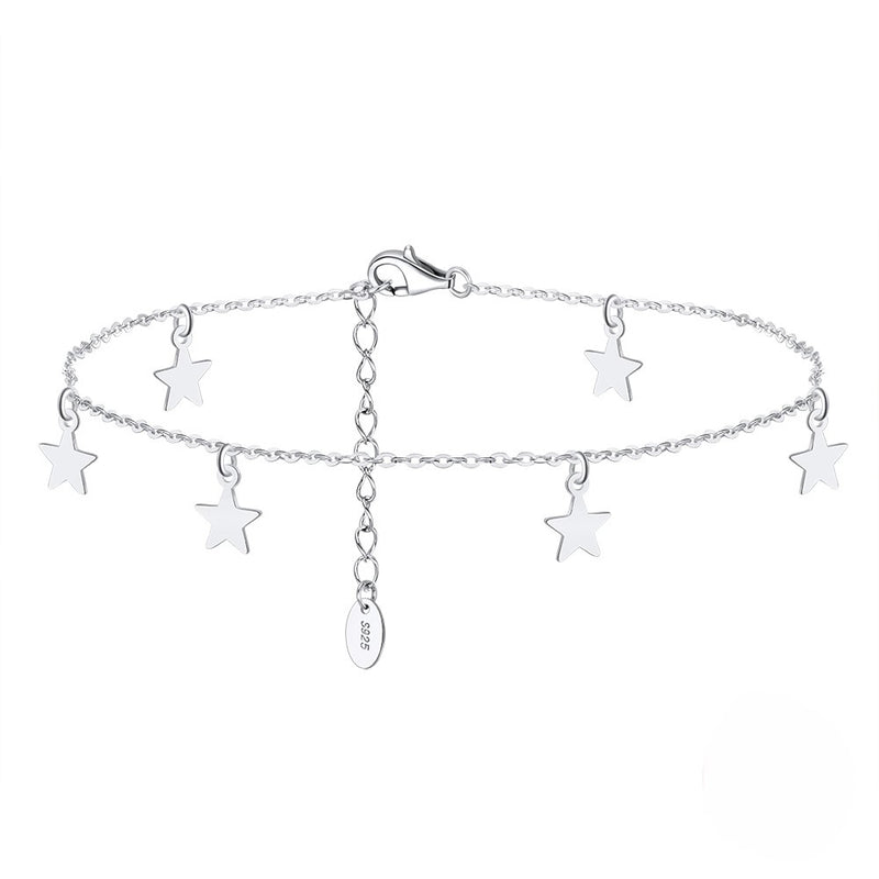 A sterling silver chain anklet with star charms.