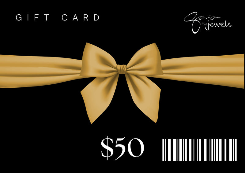 A digital gift card from Gaia Jewels with a value of $50, featuring a black background with a gold bow and text.