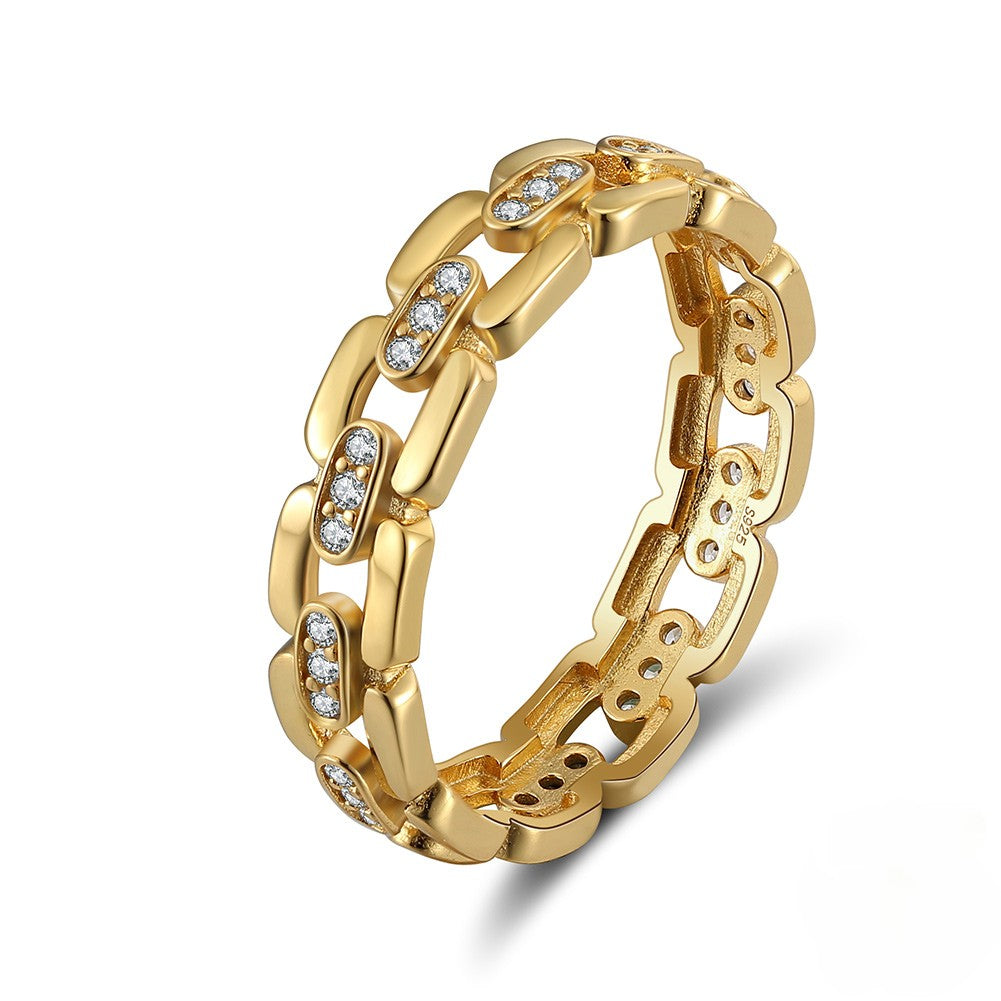 Gold chain-link ring with embedded diamonds CZ on a white background