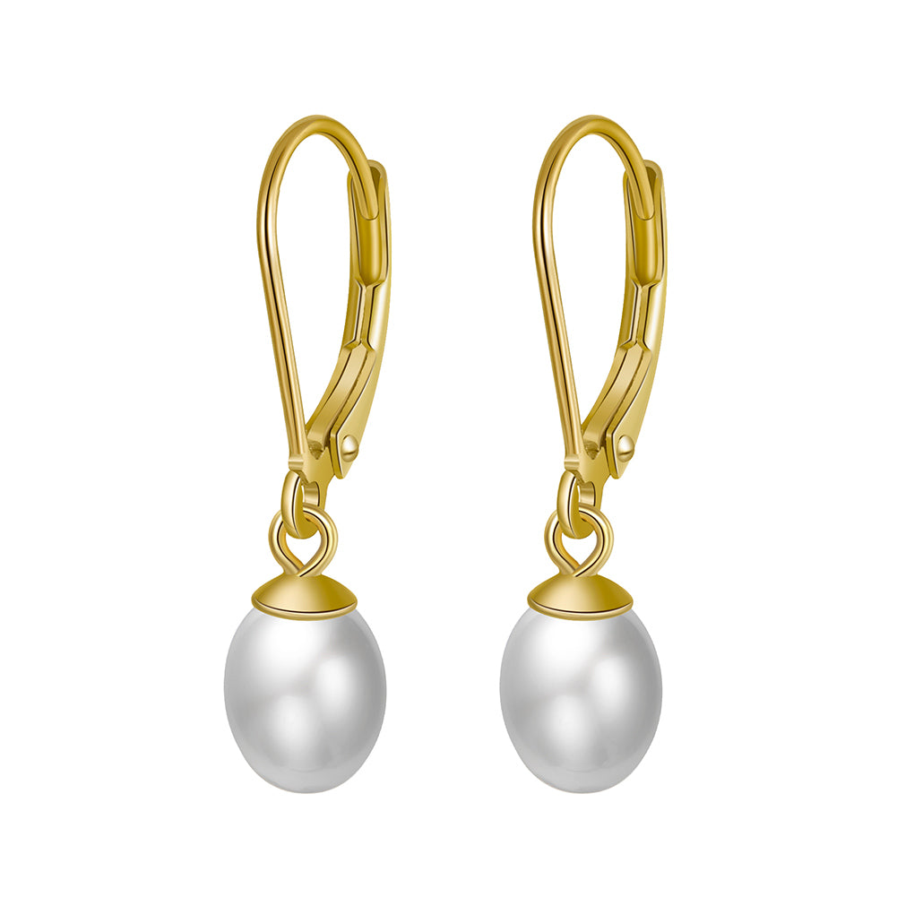A pair of leverback pearl earrings with a  gold vermeil coating on a white background.