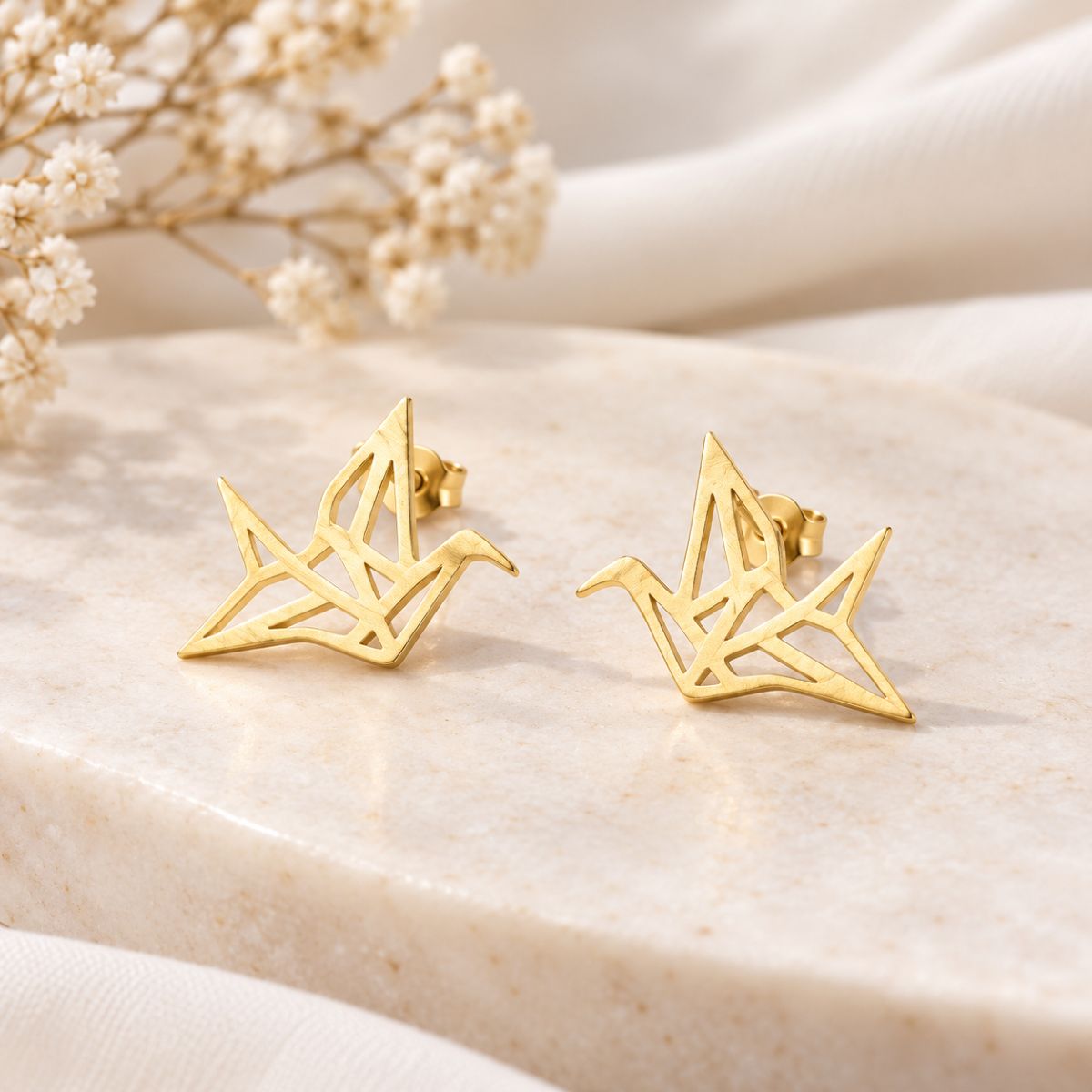 Origami Crane Gold Stud Earrings