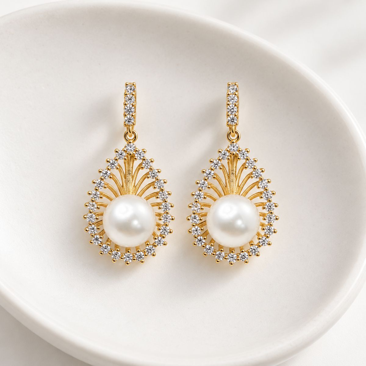 white pearl and gold vermeil earrings great detail