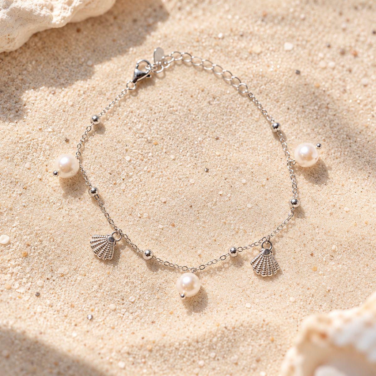 SilverPearlandShellBraceletonSand