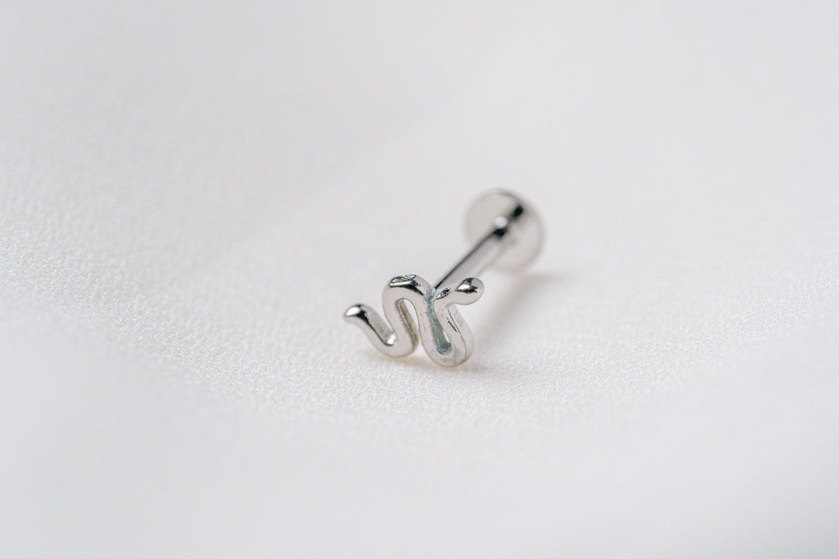 A silver snake shaped earring on a white background.