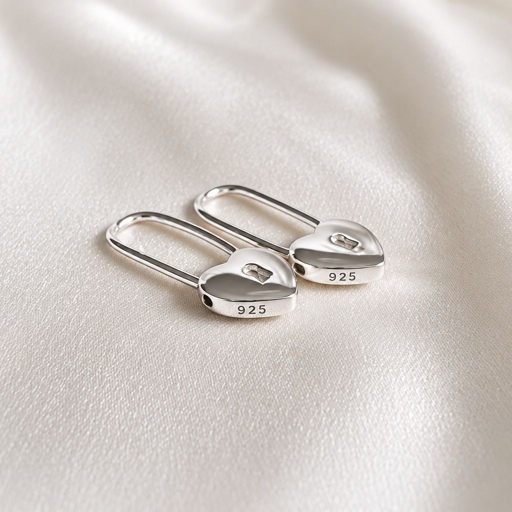 Sterling Silver 925 Heart Lock Earrings