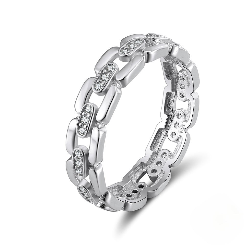 Silver chain-link ring with embedded diamonds CZ on a white background