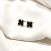 a pair of clover earrings stud, black agate stone on sterling silver