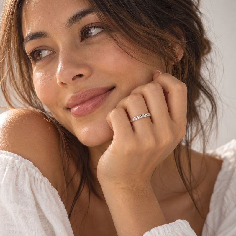 i love you ring on model wearing white top