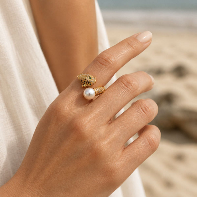 panther ring gold vermeil on model's finger 