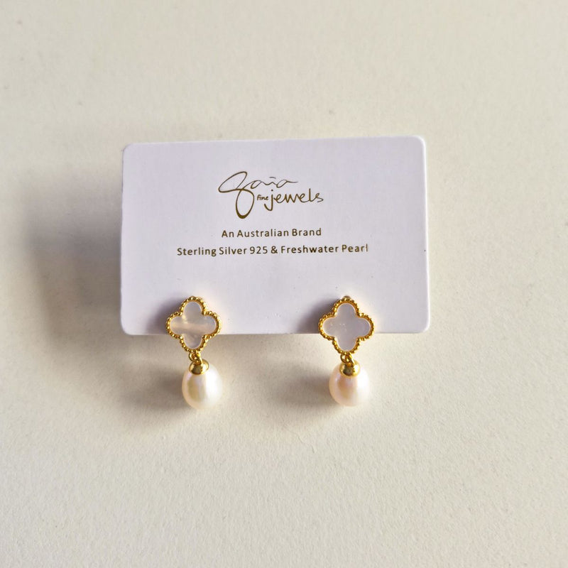 white clover white drop pearl earrings on gaia fine jewels earrings card