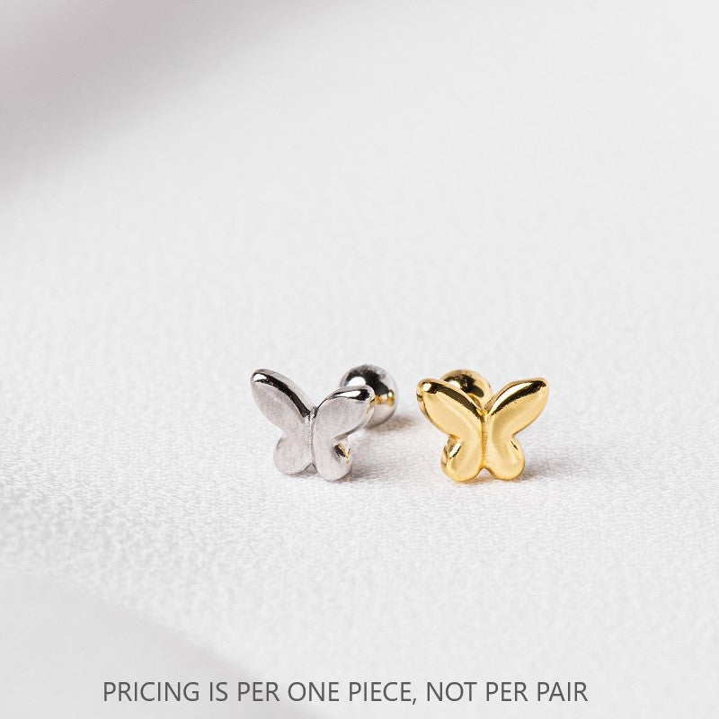 Two butterfly-shaped stud earrings in gold vermeil and sterling silver colors, displayed against a white background with the text 'PRICING IS PER ONE PIECE, NOT PER PAIR'.