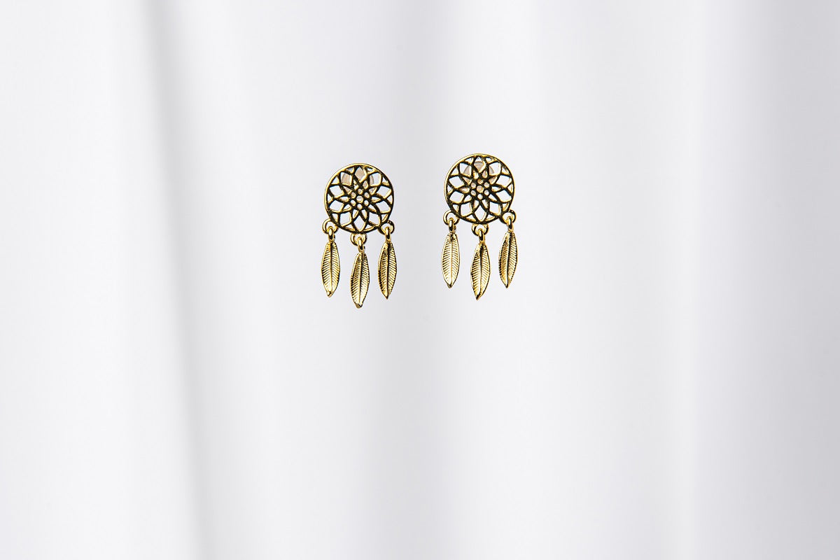 A pair of gold vermeil dreamcatcher stud earrings with butterfly backs, displayed against a white background.