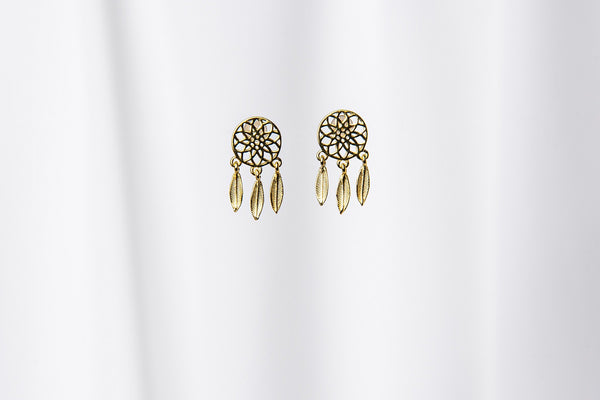 A pair of gold vermeil dreamcatcher stud earrings with butterfly backs, displayed against a white background.