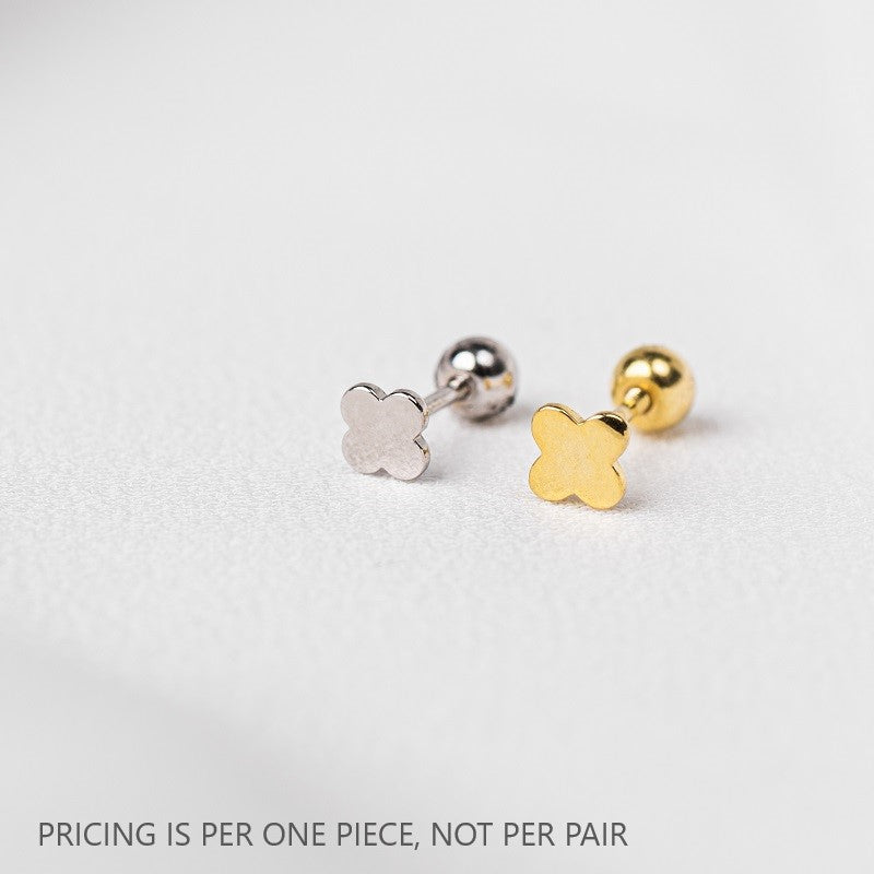 Two clover-shaped stud earrings in gold vermeil and sterling silver colors on a white background, with the text 'PRICING IS PER ONE PIECE, NOT PER PAIR' displayed.