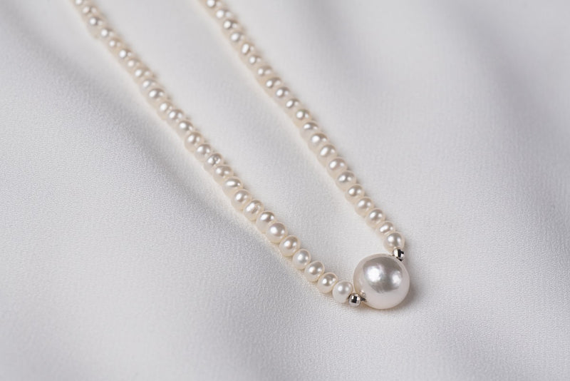 A string of pearls with a larger white pearl in the center displayed on a white background