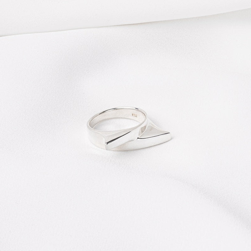A polished, silver-colored band ring positioned on a white surface.