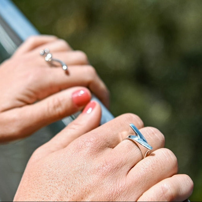 Womans hand wearing a silver direction themed ring with a blurry forrest background