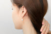 A pair of dangle earrings with a drop design, featuring pearl earrings and silver backs, displayed on a female model
