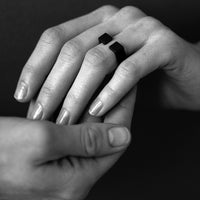 Black and white close up picture of a hand wearing a black ring