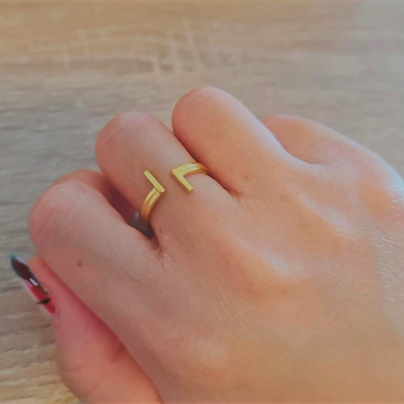 A close up of a hand wearing a gold ring with a paralel design.