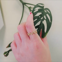 A close up of a hand wearing a gold zig zag shaped ring.
