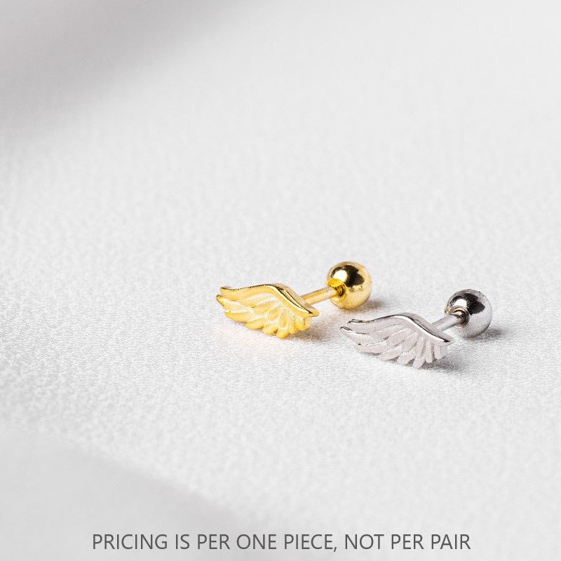 A gold and a silver wing-shaped piercing stud on a white background, with the text 'PRICING IS PER ONE PIECE, NOT PER PAIR' displayed at the bottom.